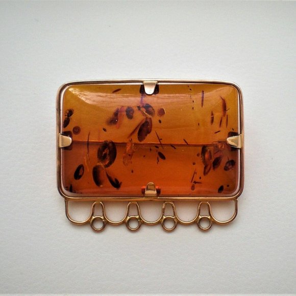 Vintage Russian Russia USSR 14K 583 Rose Pink Gold Baltic Honey Amber Pin Brooch